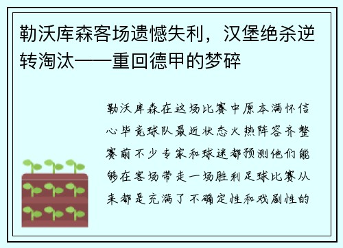 勒沃库森客场遗憾失利，汉堡绝杀逆转淘汰——重回德甲的梦碎