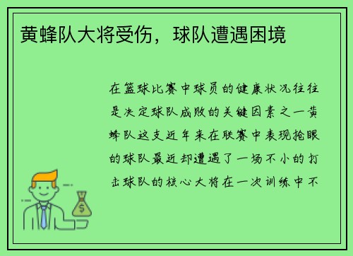 黄蜂队大将受伤，球队遭遇困境